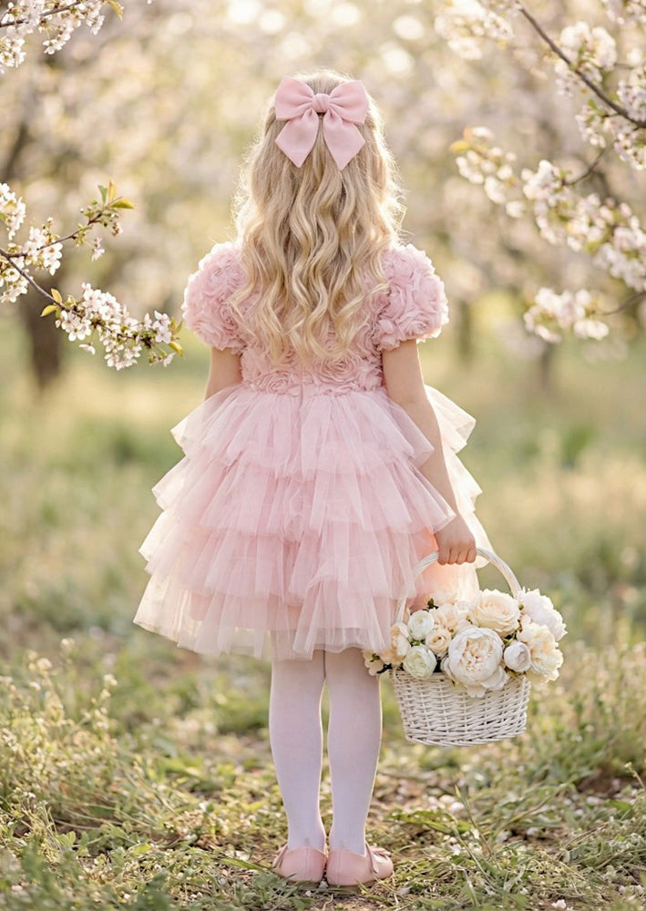 girls Pink party dress with Rosette Bodice & layered Mesh Skirt