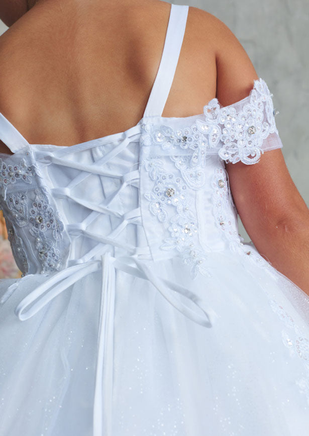 An elegant white gown featuring an off-shoulder design with a sweetheart neckline, ornate lace bodice, and voluminous glitter tulle skirt
