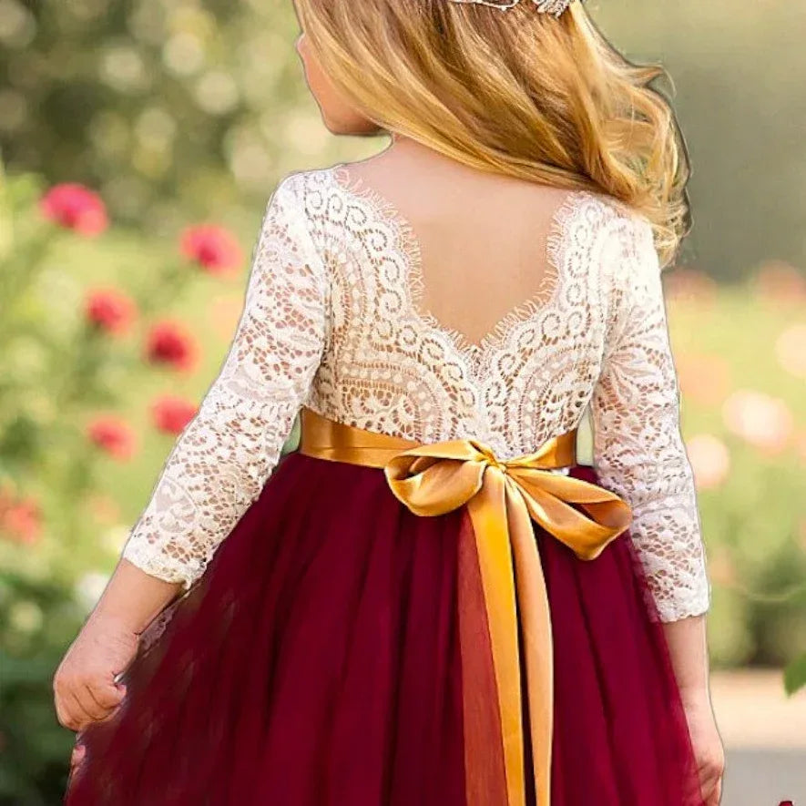 Tulle Dress Long Sleeve Burgundy - Lillifara