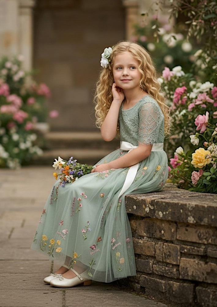 Fable Floral Flower Girl Dress - Sage Short Sleeve