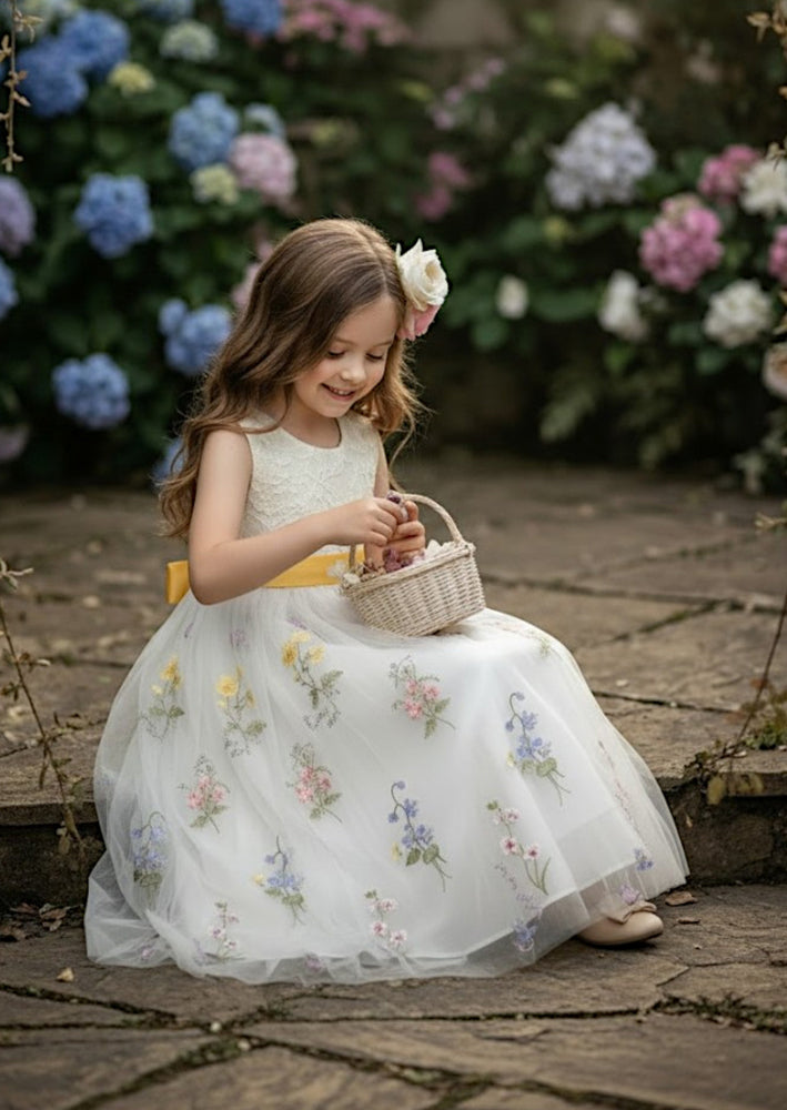 Floral Flower Girl Dress - White Sleeveless