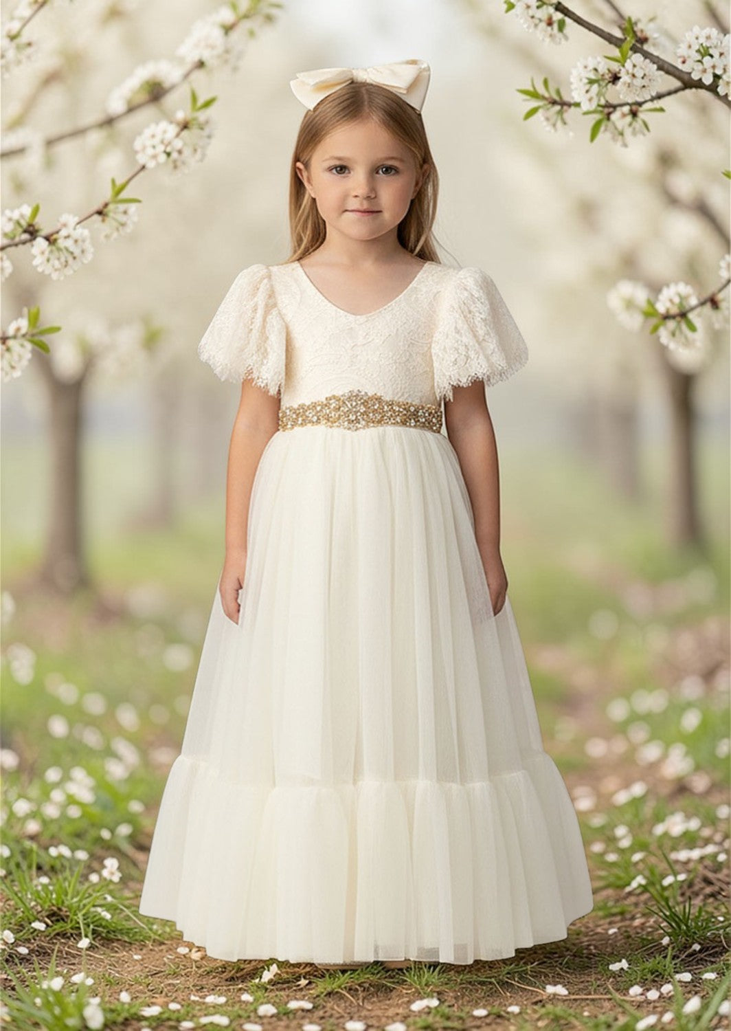 Elegant Ivory Tulle & Lace Flower Girl Dress
