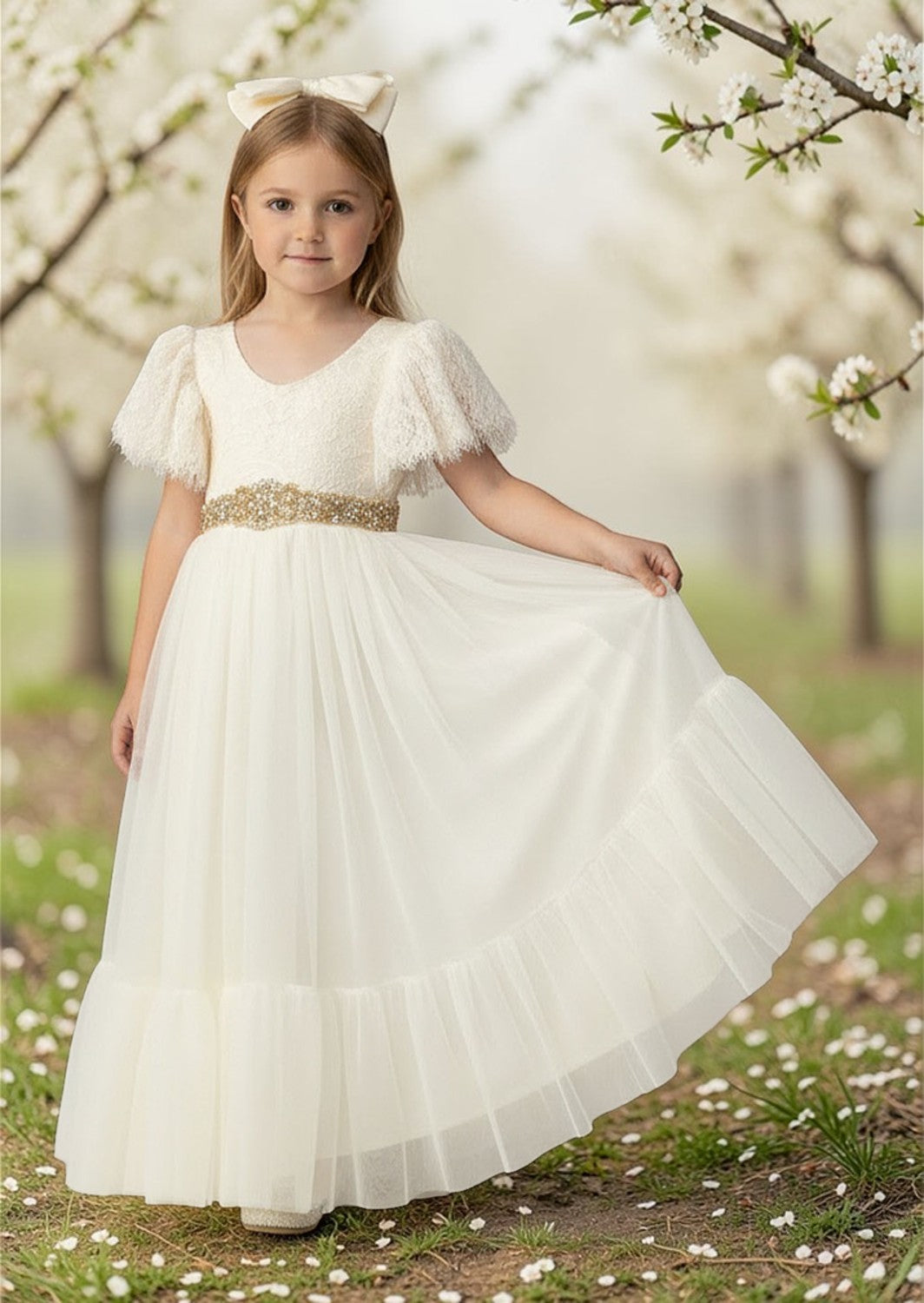 Elegant Ivory Tulle & Lace Flower Girl Dress