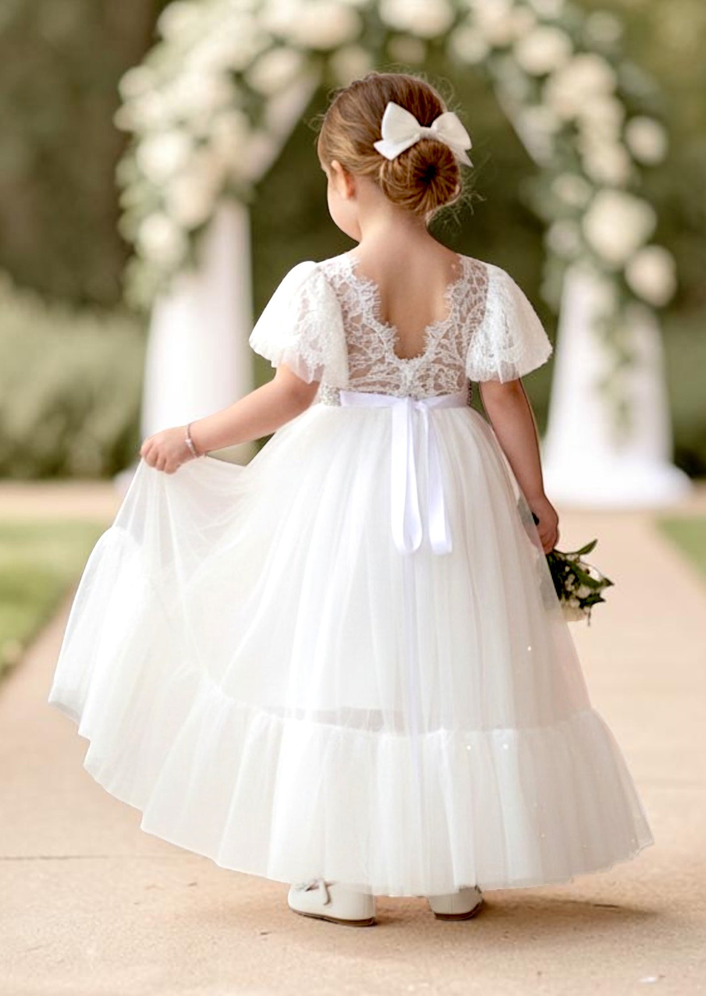 Elegant White Tulle & Lace Flower Girl Dress