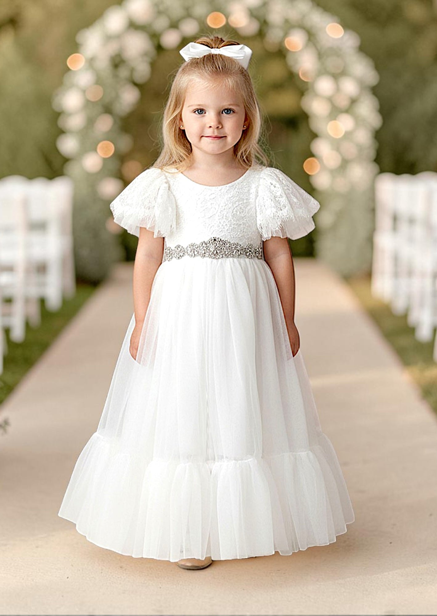 Elegant White Tulle & Lace Flower Girl Dress