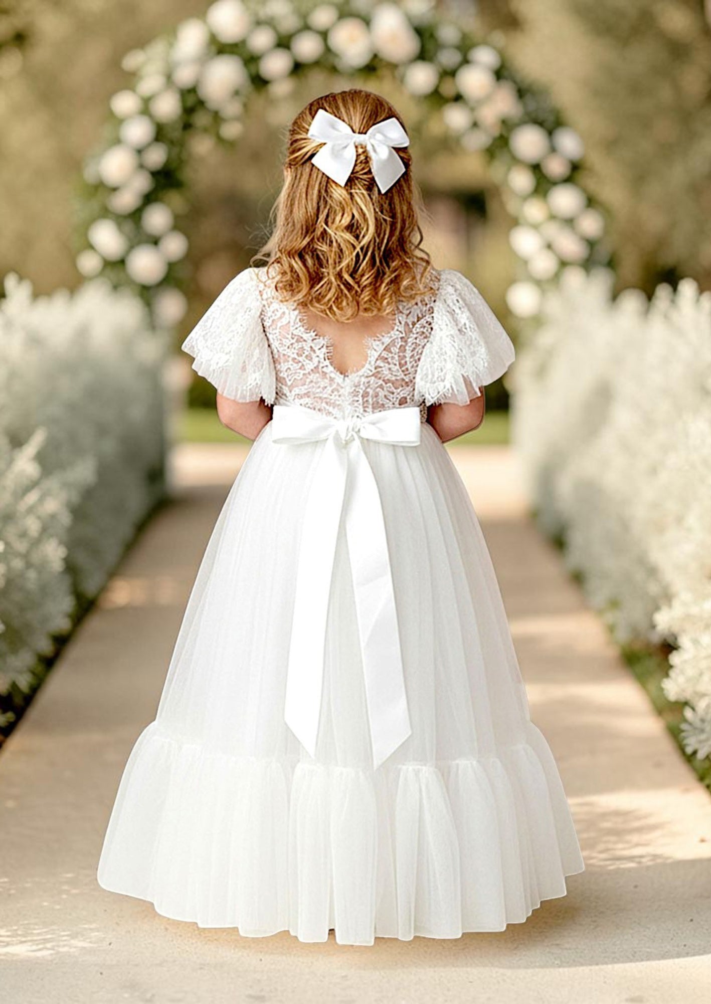 Elegant White Tulle & Lace Flower Girl Dress
