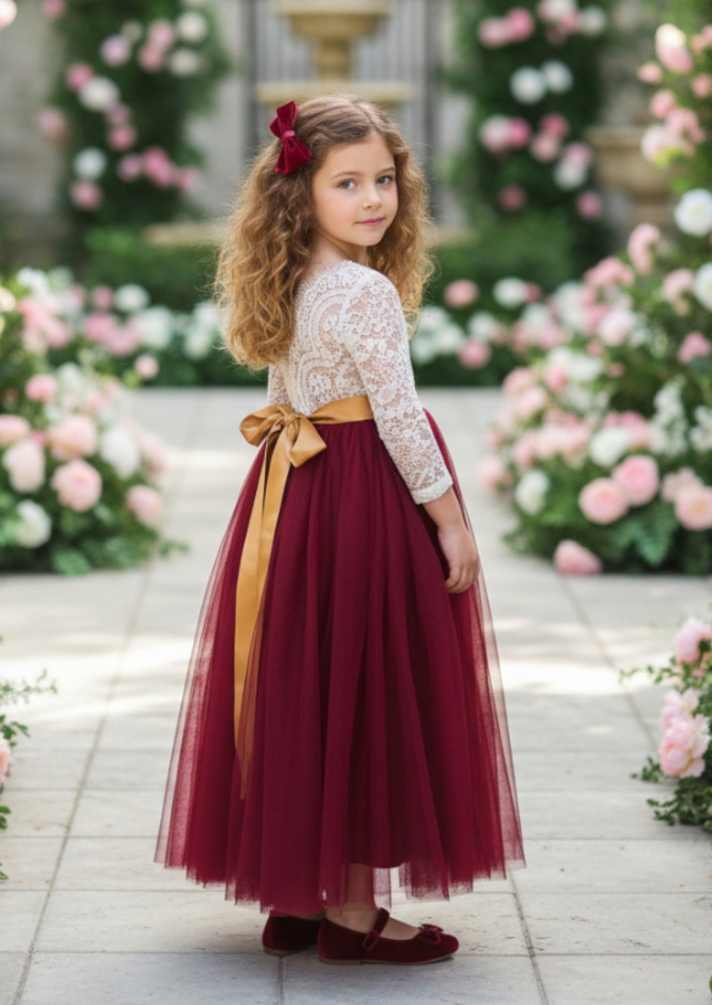 Burgundy Long Sleeve Tulle Flower Girl Dress