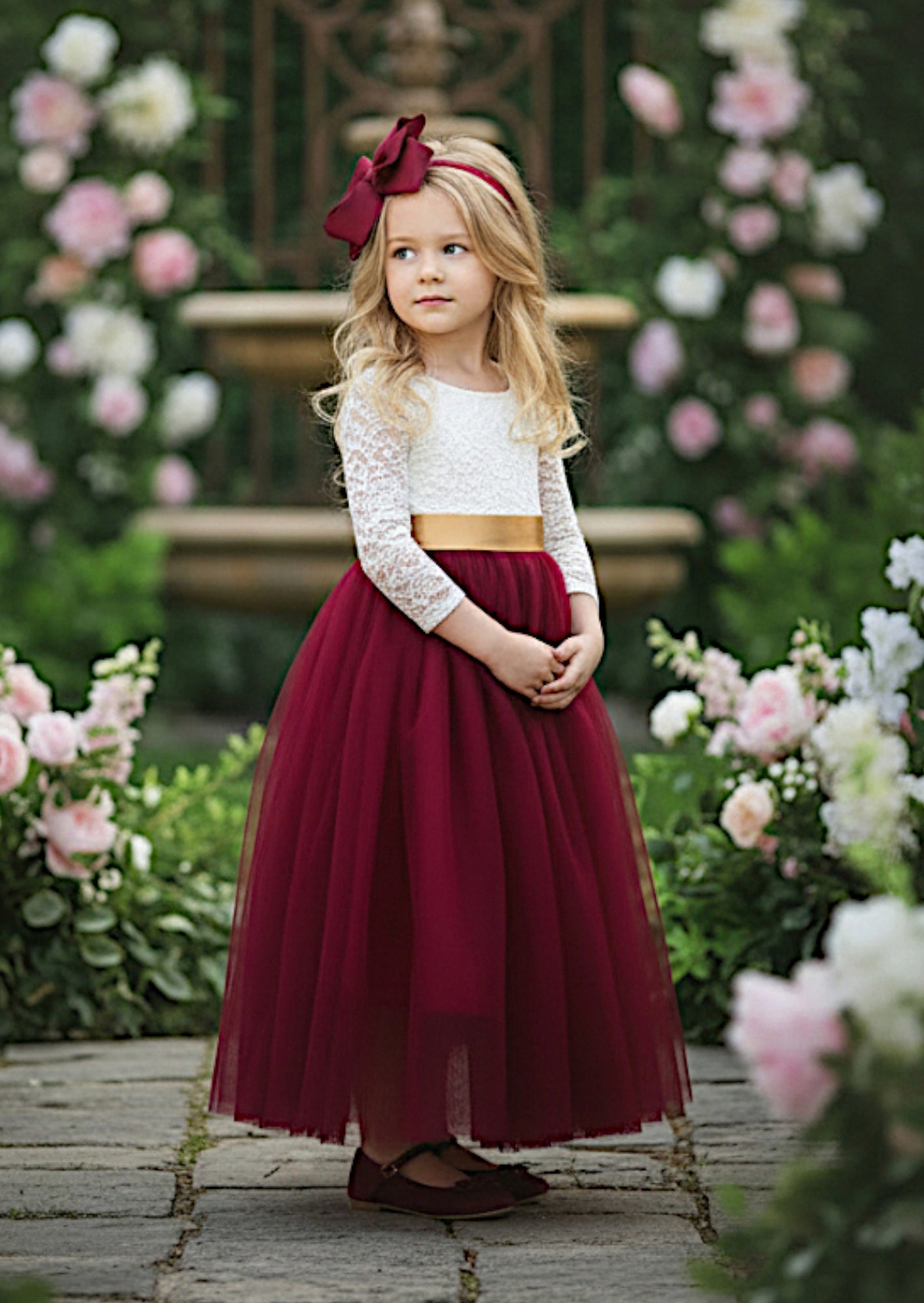 Burgundy Long Sleeve Tulle Flower Girl Dress