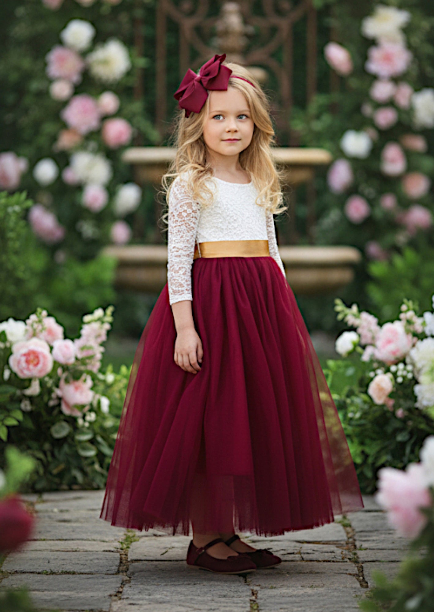Burgundy Long Sleeve Tulle Flower Girl Dress