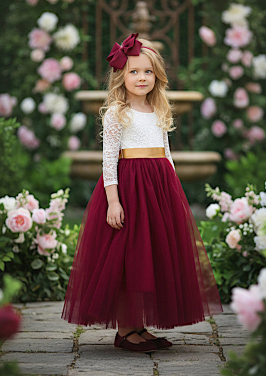 Burgundy Long Sleeve Tulle Flower Girl Dress