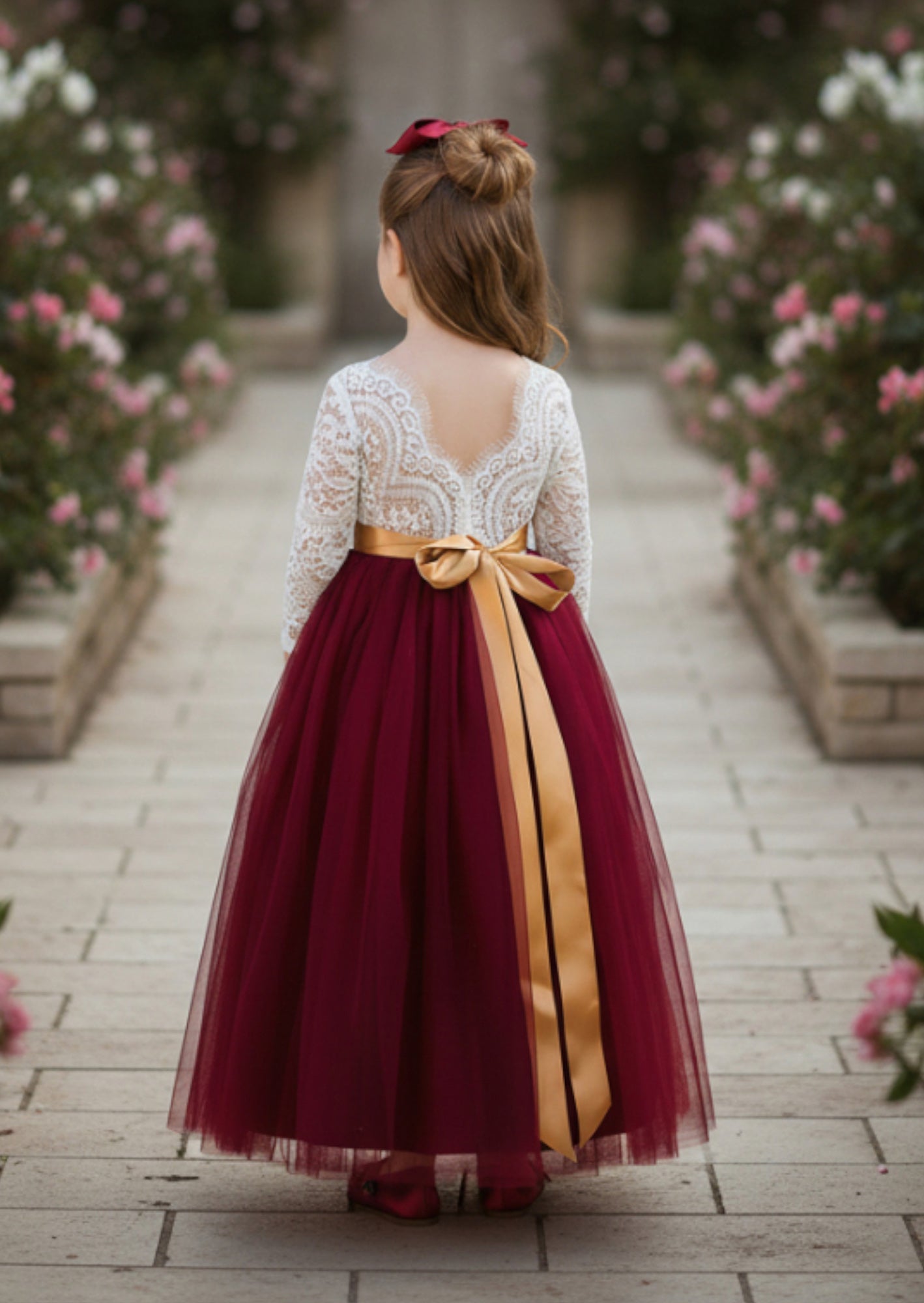 Burgundy Long Sleeve Tulle Flower Girl Dress