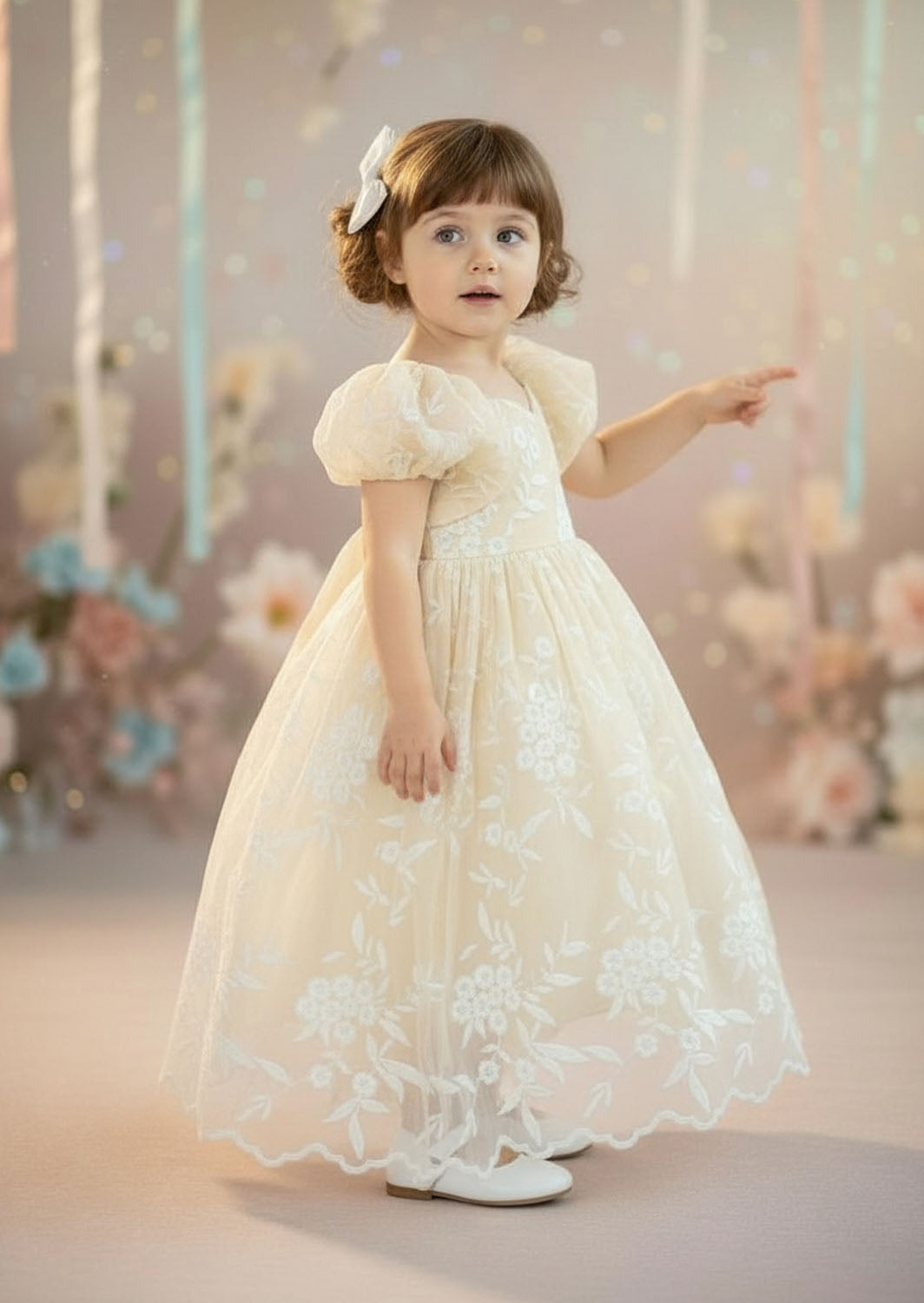 Ivory lace full length flower girl dress
