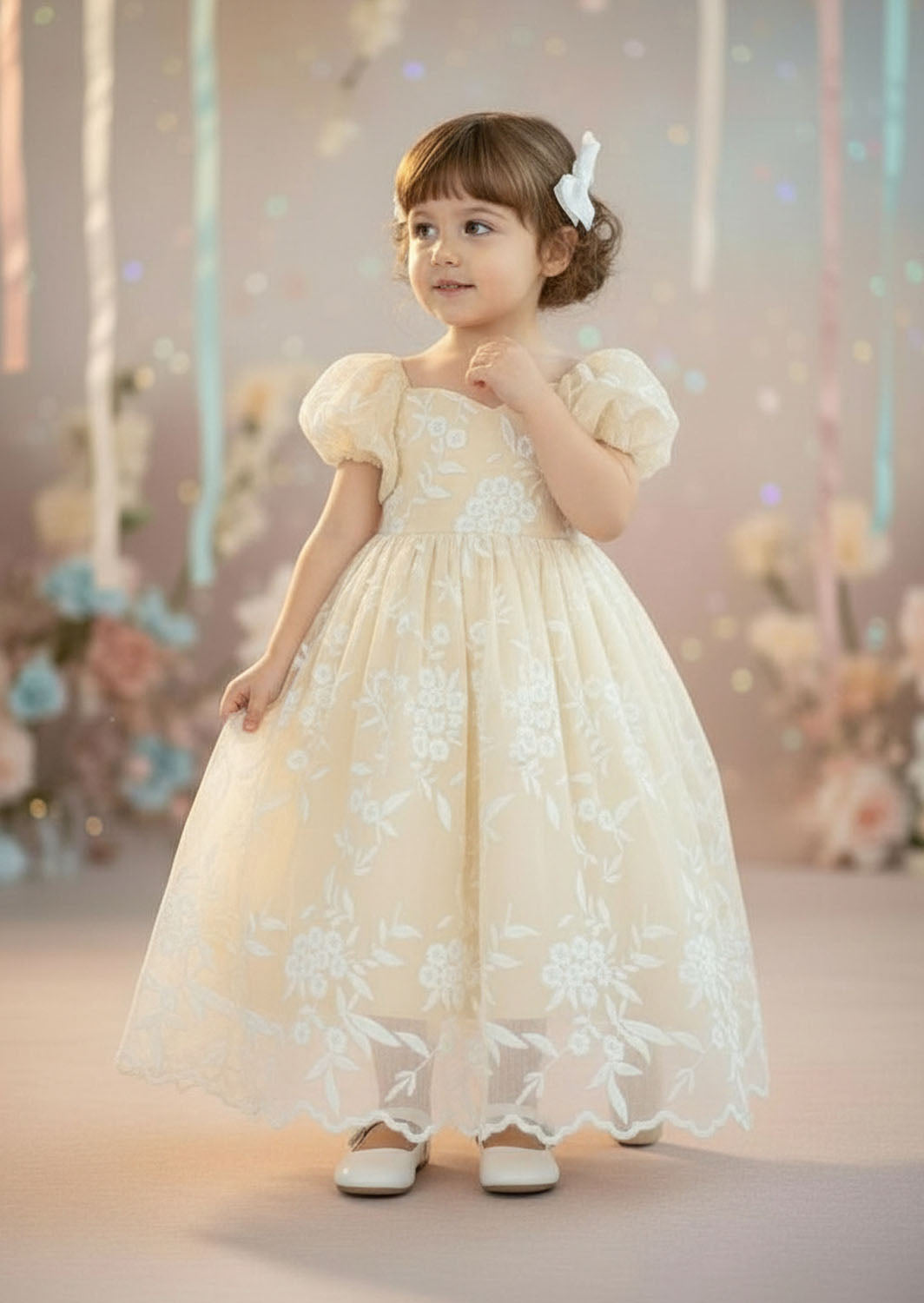Ivory lace full length flower girl dress