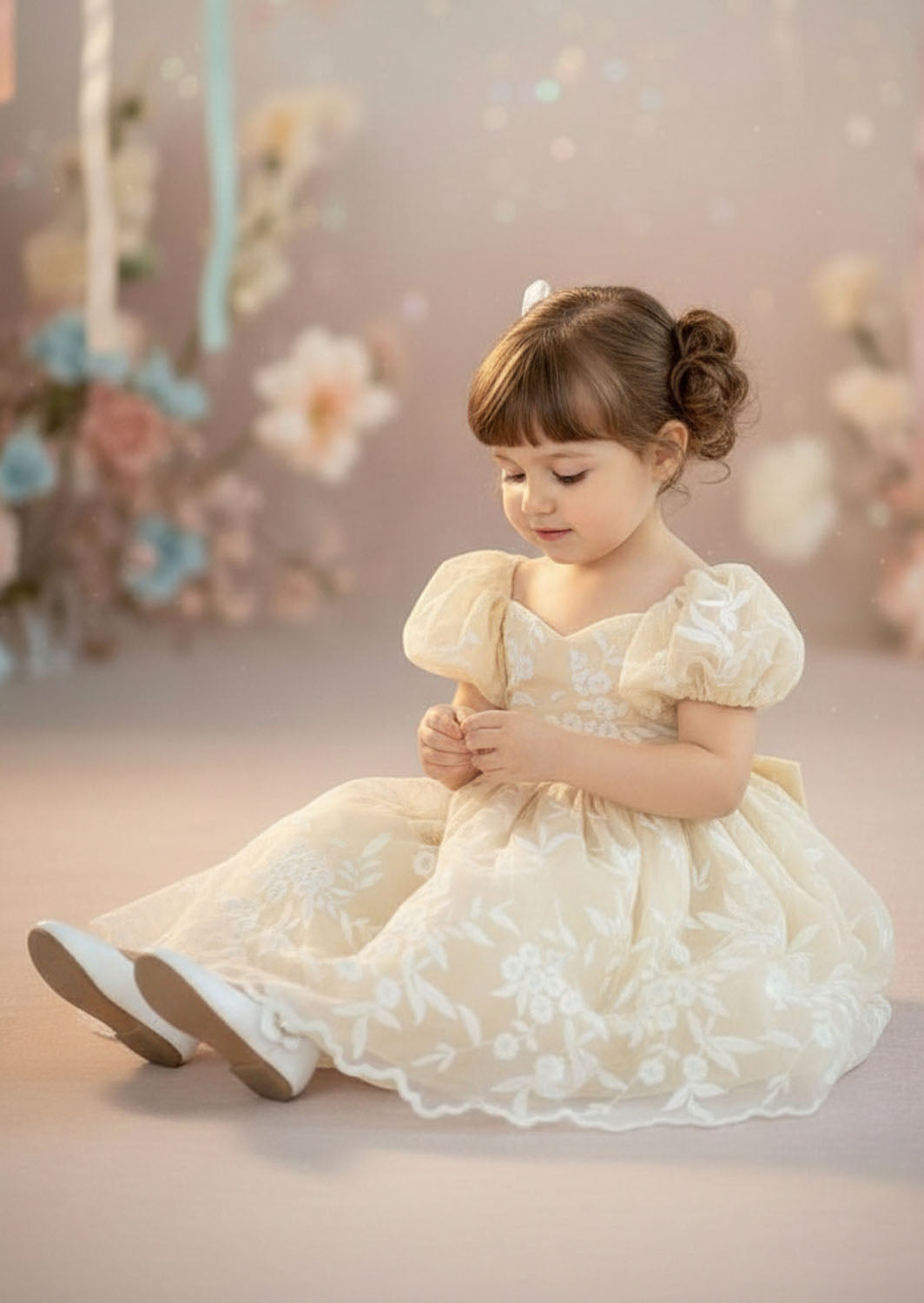 Ivory lace full length flower girl dress