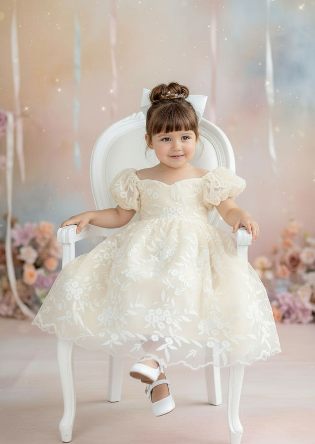 Ivory lace full length flower girl dress