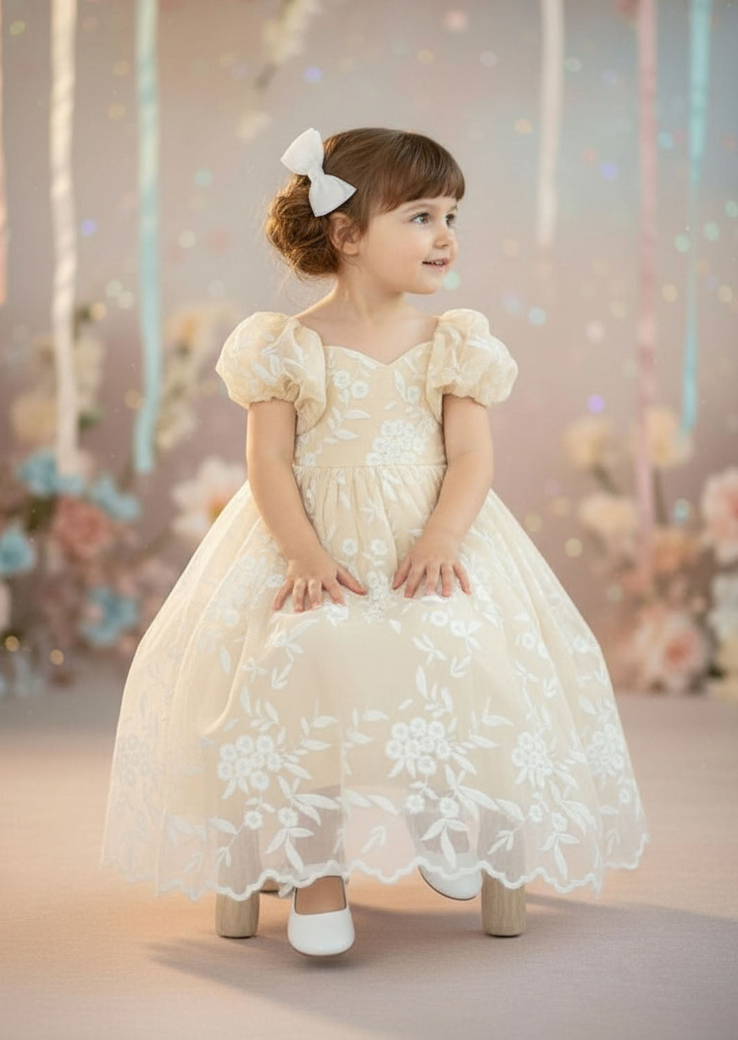 Ivory lace full length flower girl dress