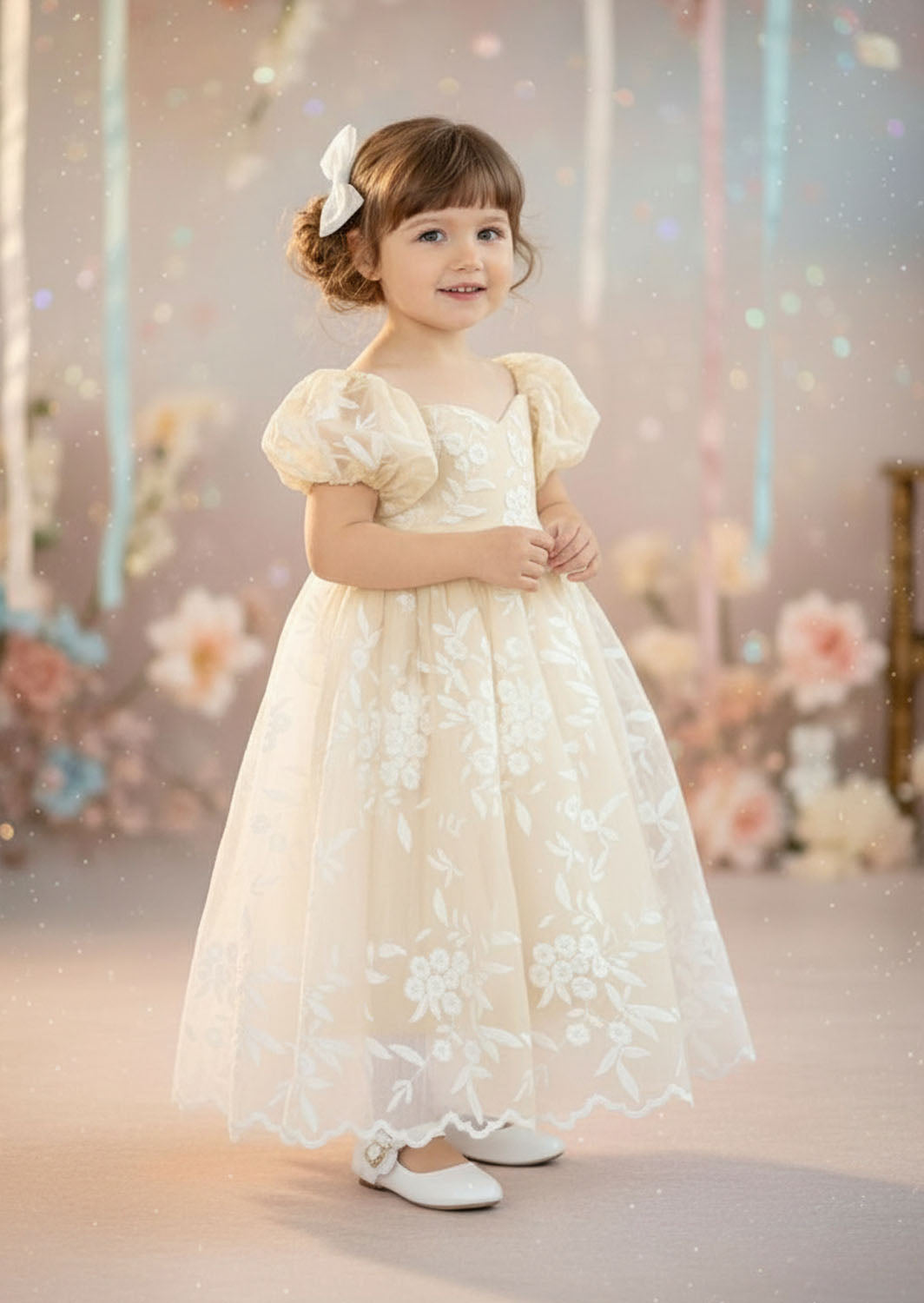 Ivory lace full length flower girl dress