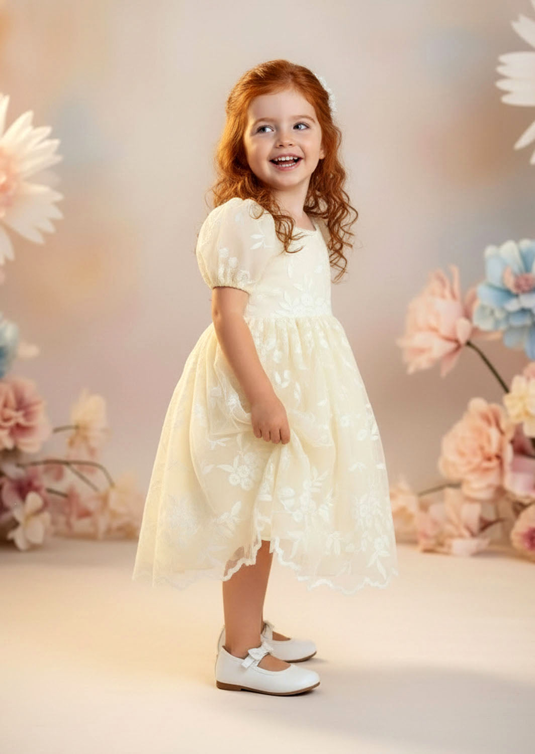 Grace Lace Flower Girl Dress - Ivory Knee Length