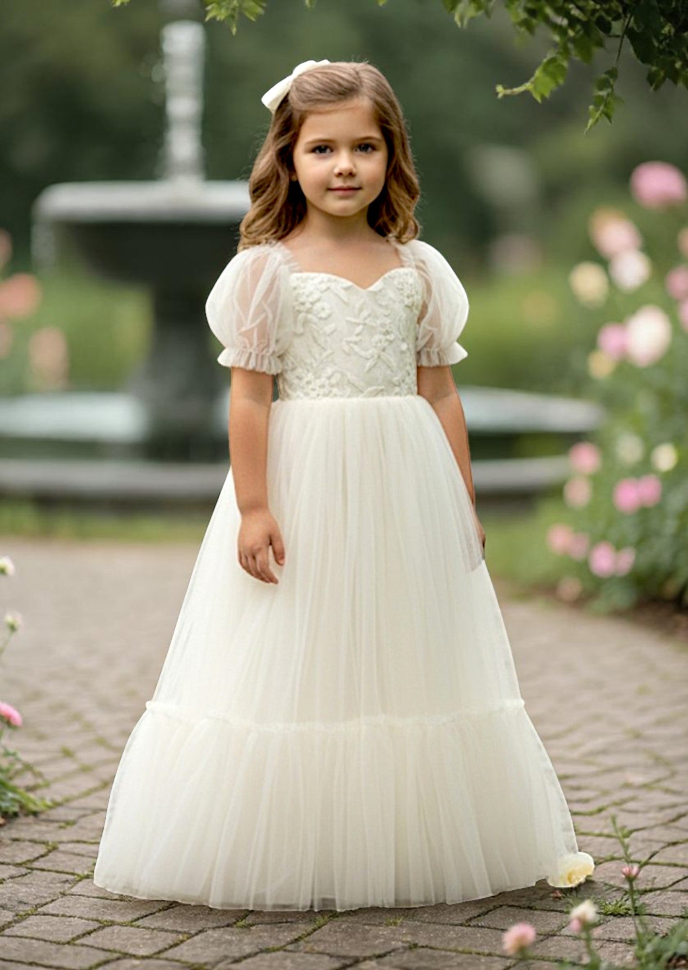 girls sweetheart neckline puff sleeve flower girl dress in ivory
