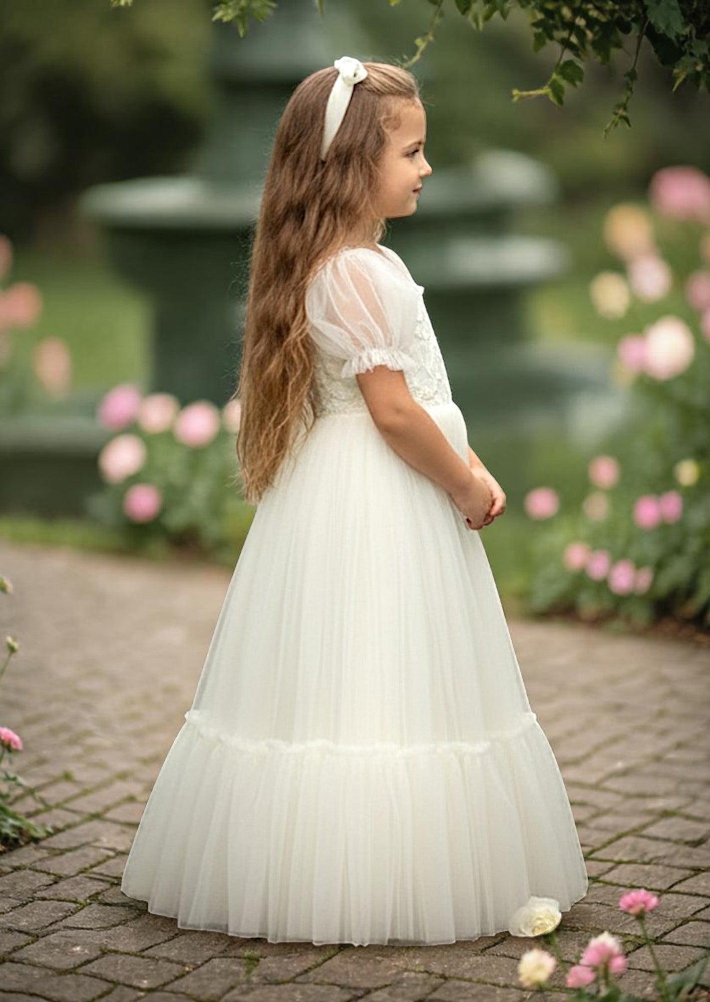 girls sweetheart neckline puff sleeve flower girl dress in ivory