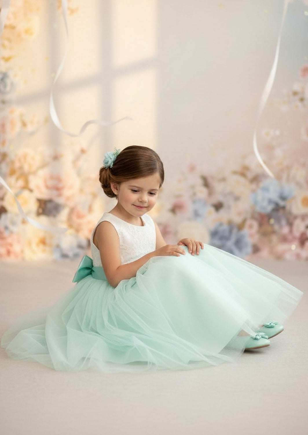 Sleeveless Aqua Tulle Flower Girl Dress