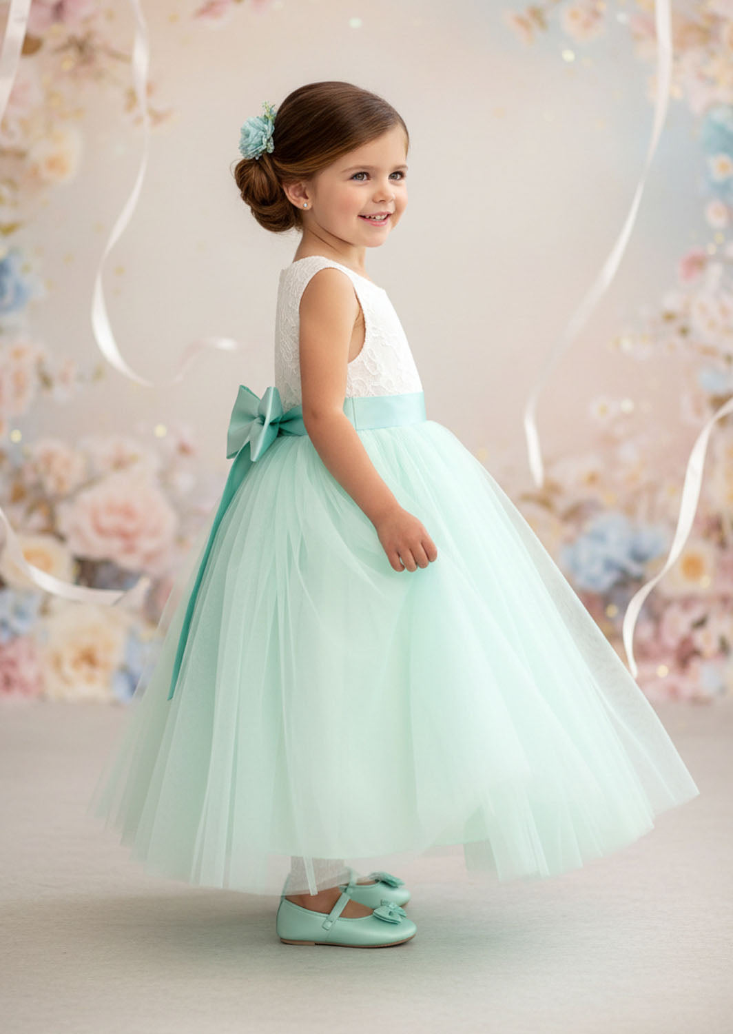 Sleeveless Aqua Tulle Flower Girl Dress