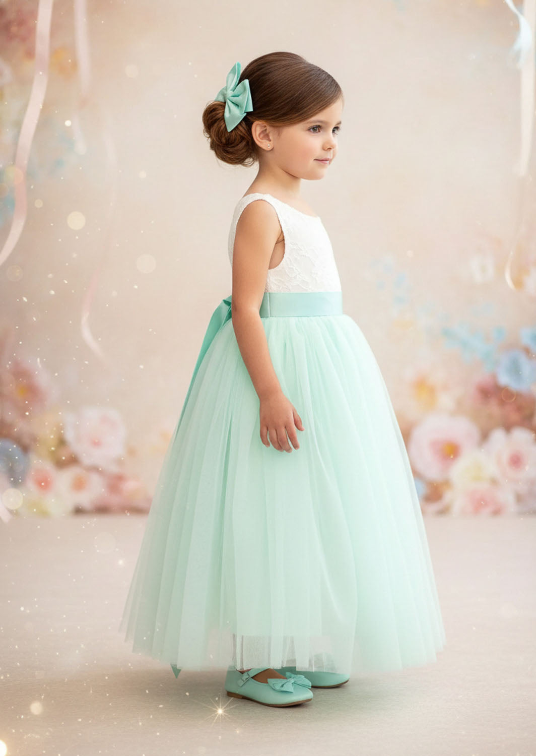 Sleeveless Aqua Tulle Flower Girl Dress