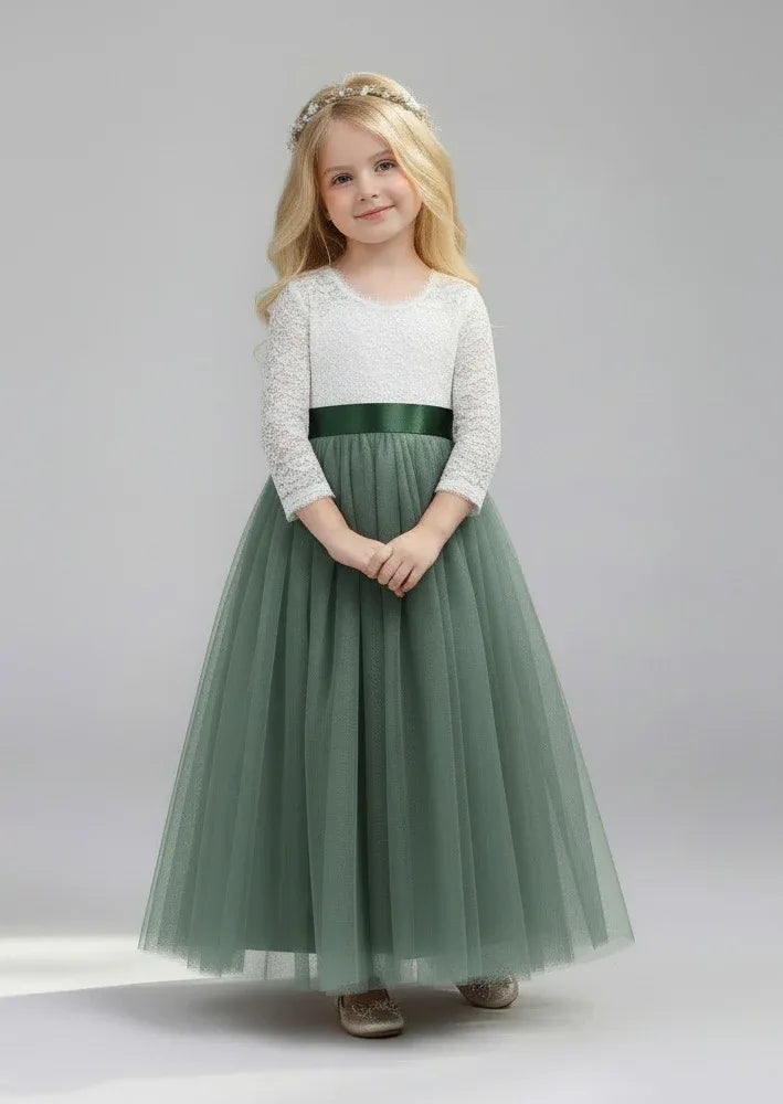 Sage Tulle Dress with Sash - Lillifara