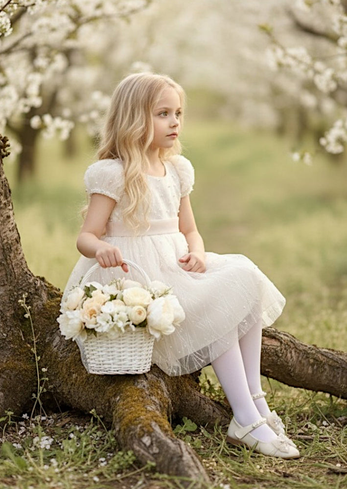 Girls Party Dress in White | Beaded Bodice & Bow Back