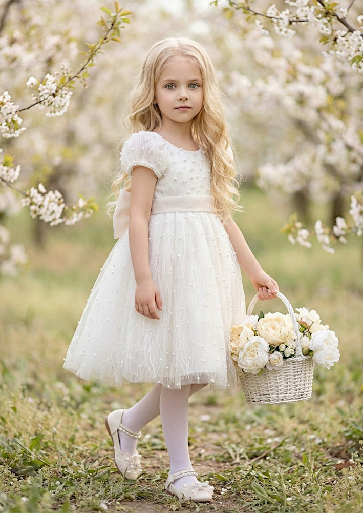 Girls Party Dress in White | Beaded Bodice & Bow Back