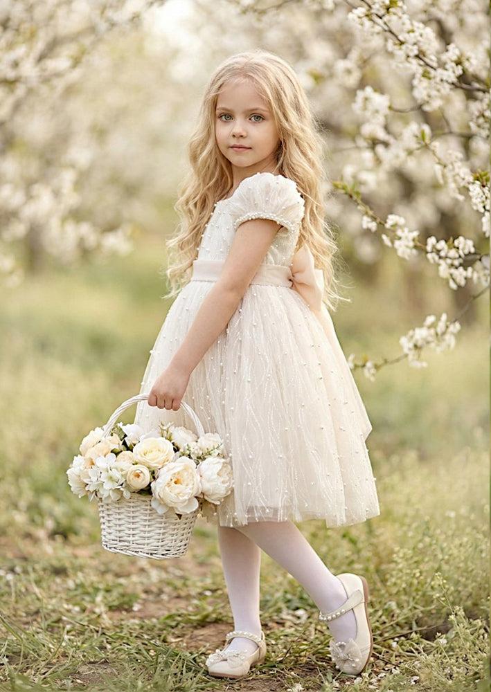 Girls Party Dress in White | Beaded Bodice & Bow Back