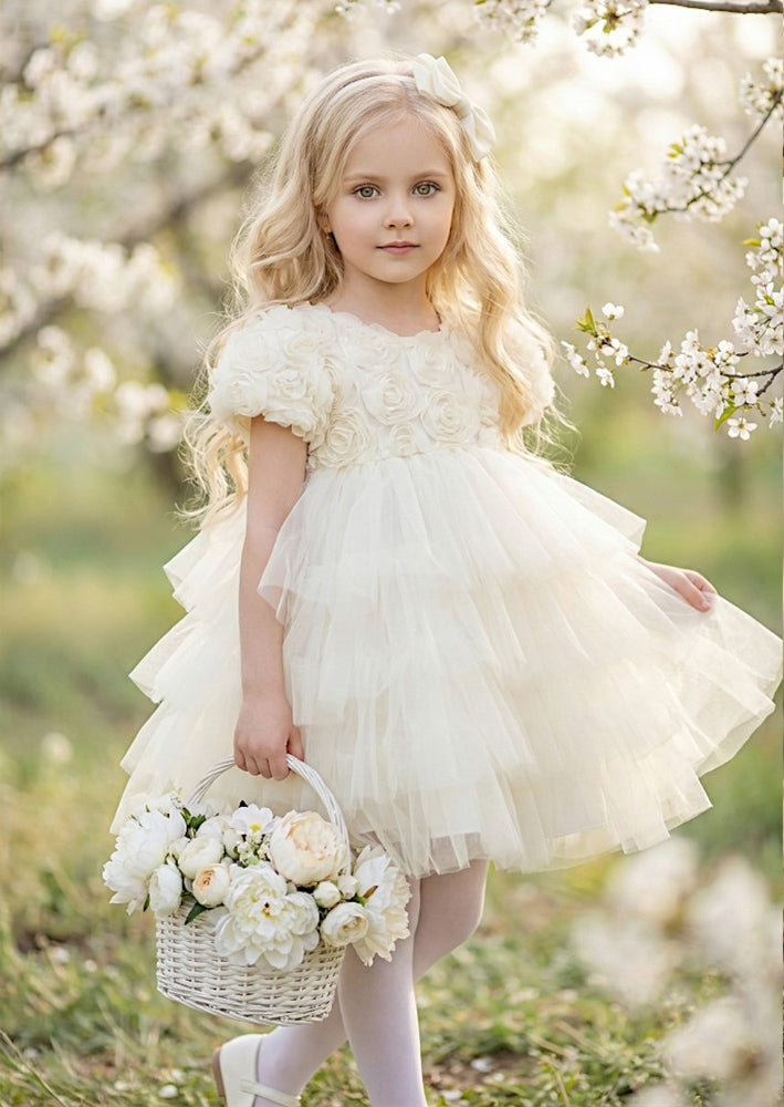 Girls Dress Ivory Rosette Bodice & Mesh