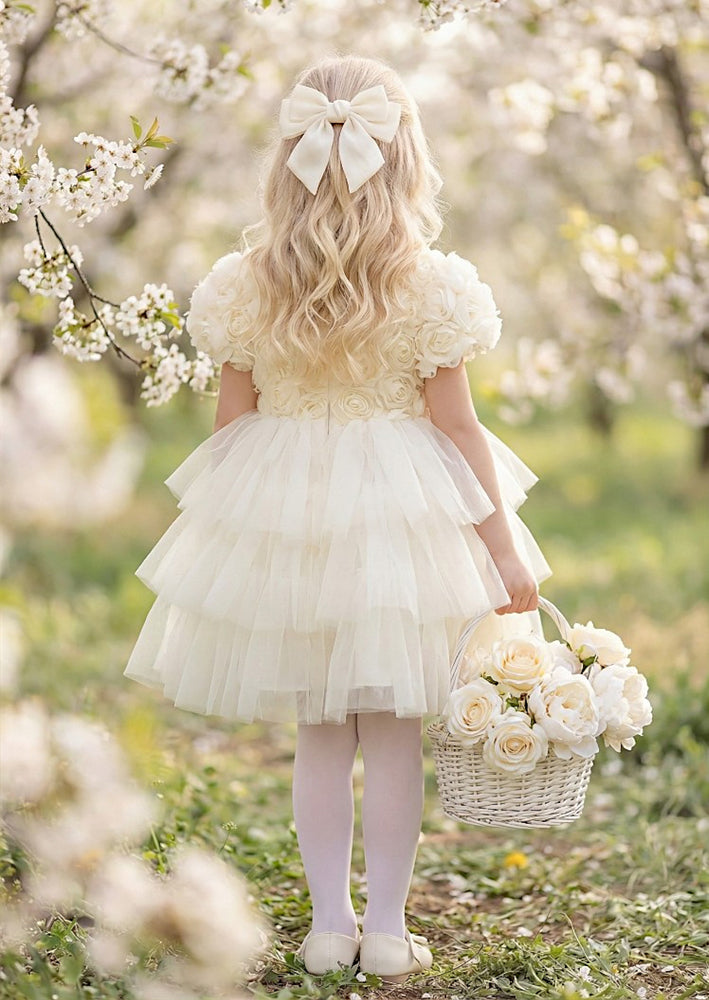 Girls Dress Ivory Rosette Bodice & Mesh