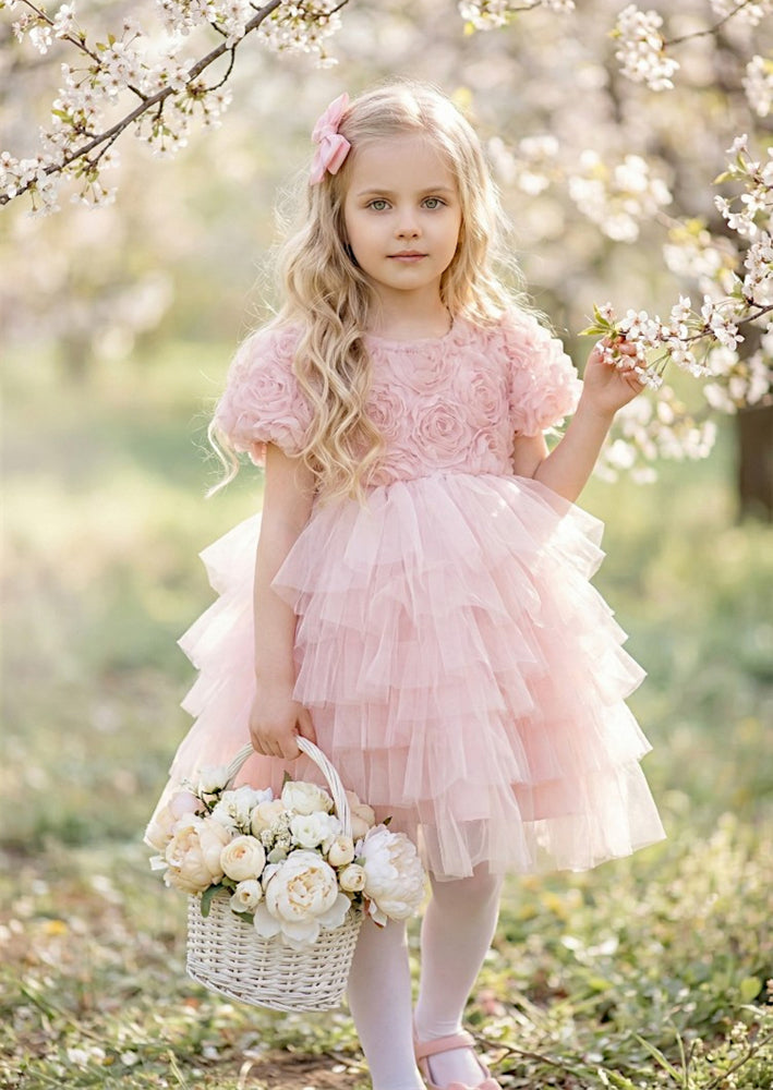 girls Pink party dress with Rosette Bodice & layered Mesh Skirt