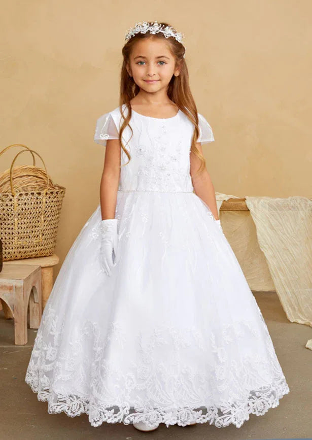 This refined gown features an intricately embroidered bodice and skirt adorned with delicate floral lace appliqués along the hemline