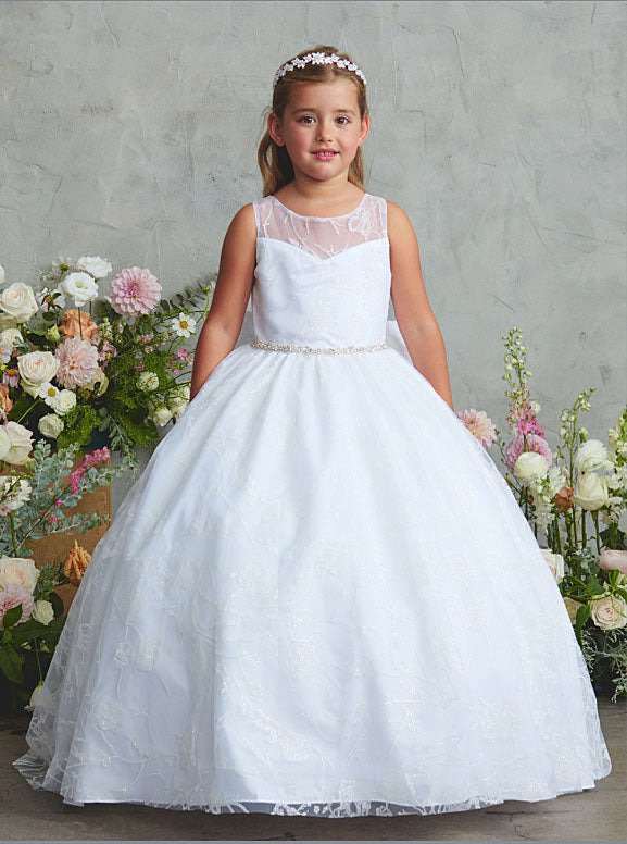 Illusion Neckline Flower Girl Dress with Glitter Floral Overlay and Train