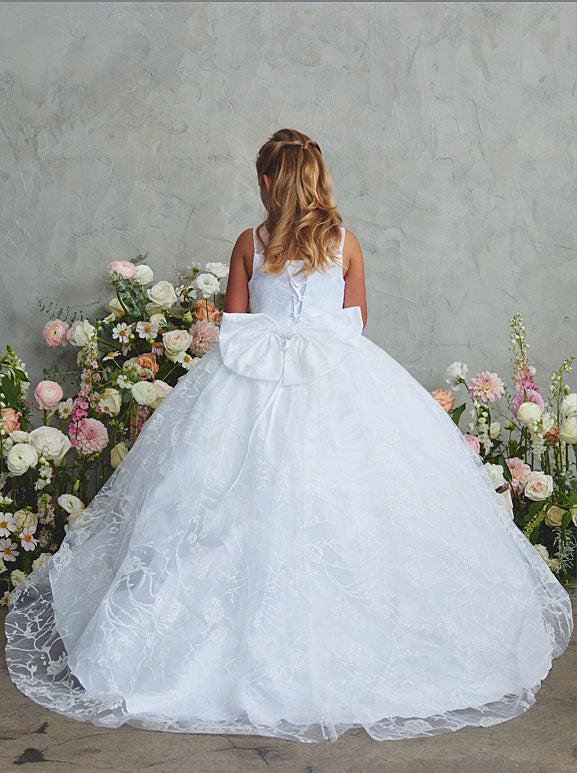 Illusion Neckline Flower Girl Dress with Glitter Floral Overlay and Train