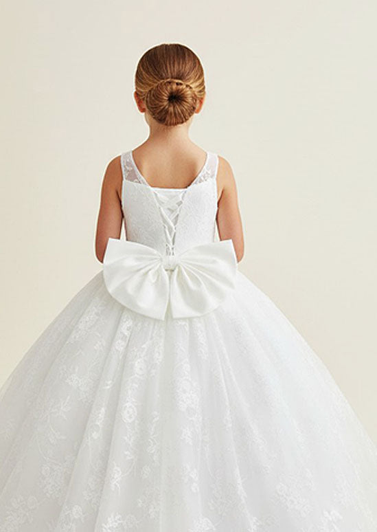 Illusion Neckline Flower Girl Dress with Glitter Floral Overlay and Train