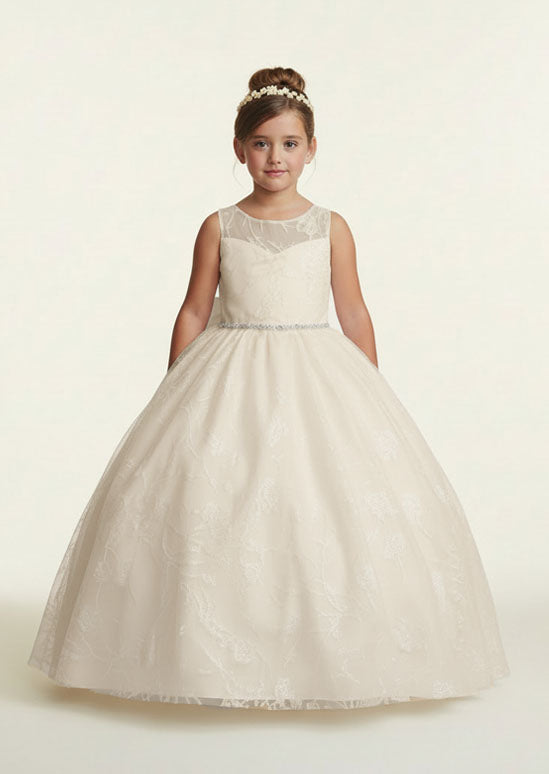 Illusion Neckline Flower Girl Dress with Glitter Floral Overlay and Train