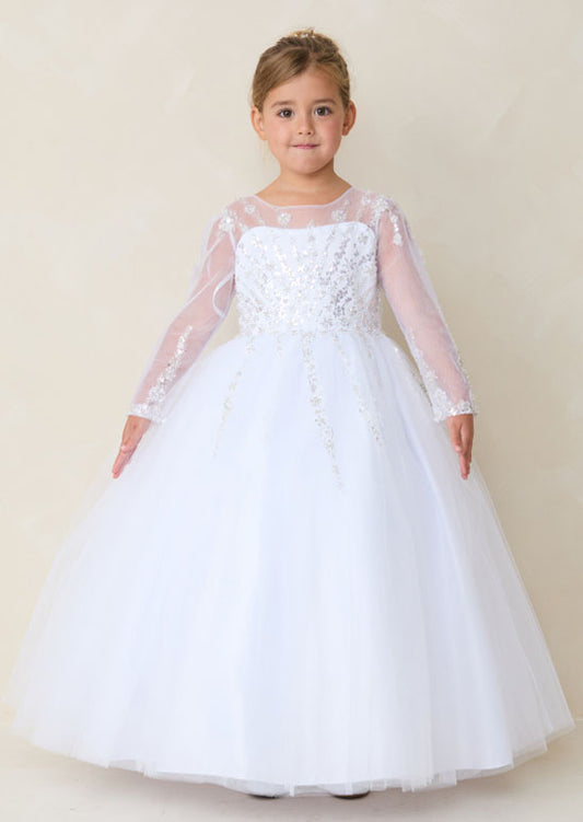 Long Sleeve White Flower Girl Dress with Beading on Bodice and Sleeve with Full Length Tulle Skirt
