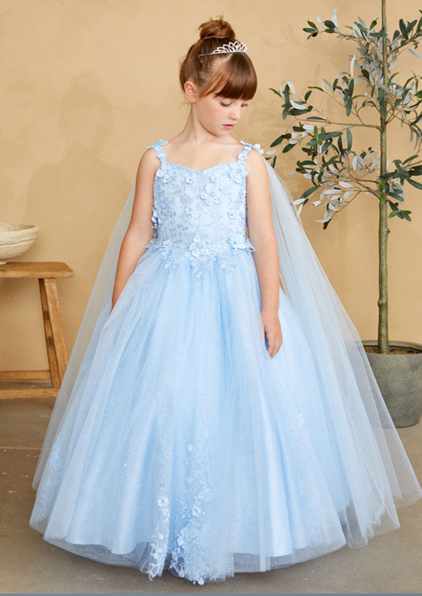 Inspired by fairy tale elegance, this enchanting Cinderella blue gown showcases a meticulously crafted lace bodice adorned with dimensional floral embellishments