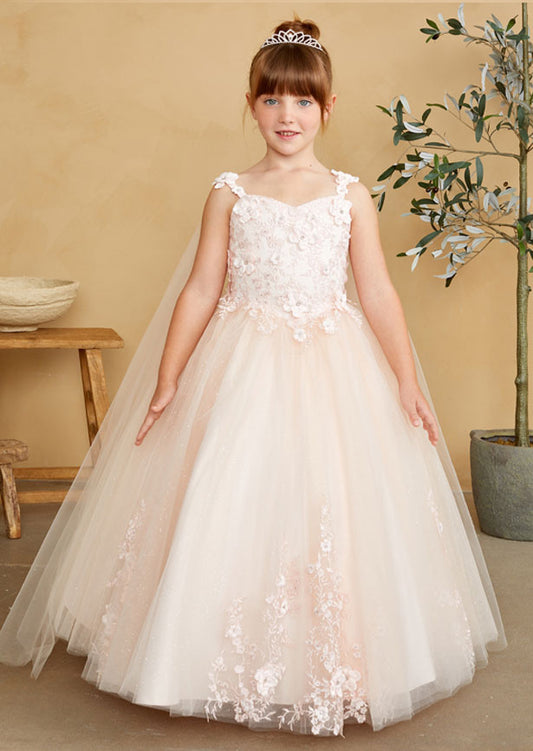 Inspired by fairy tale elegance, this enchanting blush gown showcases a meticulously crafted lace bodice adorned with dimensional floral embellishments