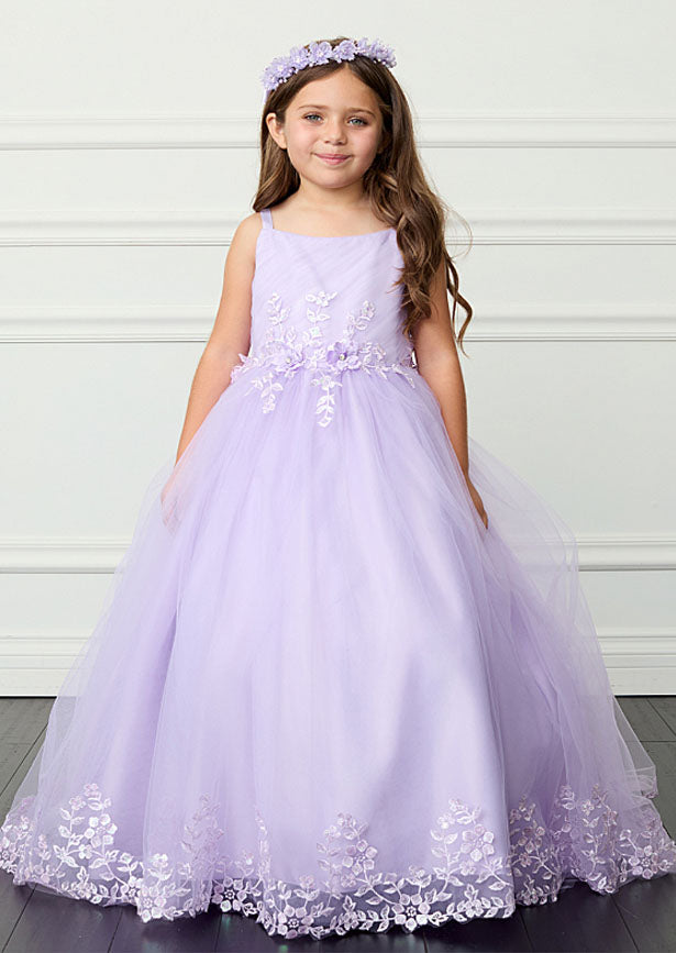 The Isla Gown in lavender presents an elegant silhouette with floor-length proportions and an extended train