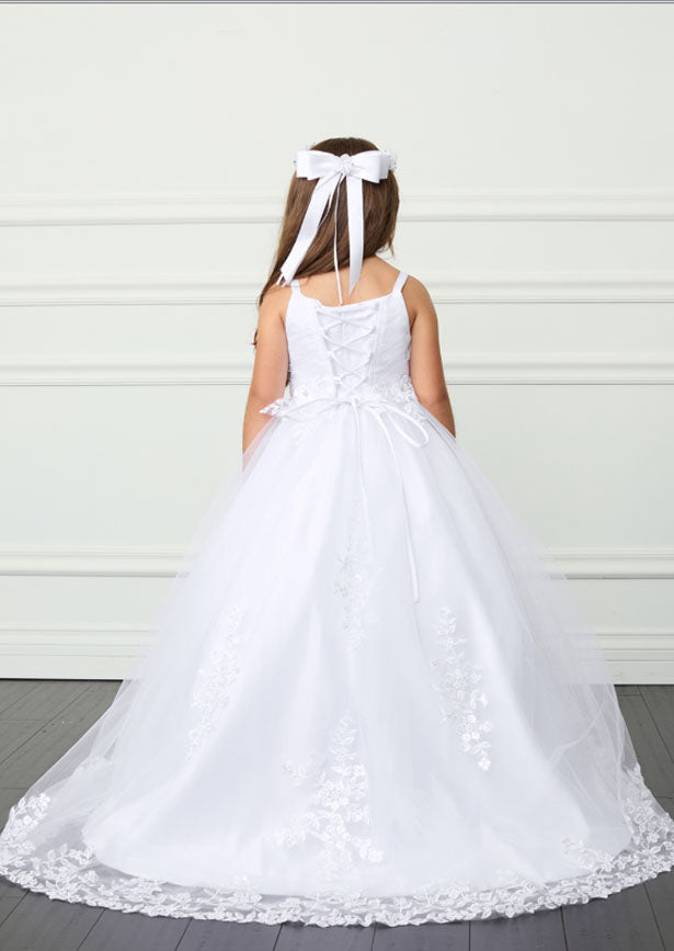 The Isla Gown in white combines timeless elegance with exquisite detailing. This floor-length design features a stunning 3D floral lace bodice adorned with iridescent accents