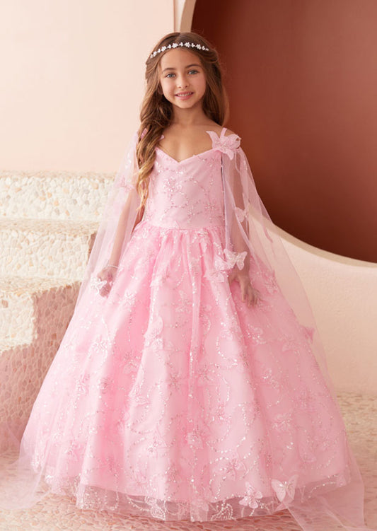 Pia Butterfly Gown in Pink—an enchanting full-length dress designed for the discerning young wearer