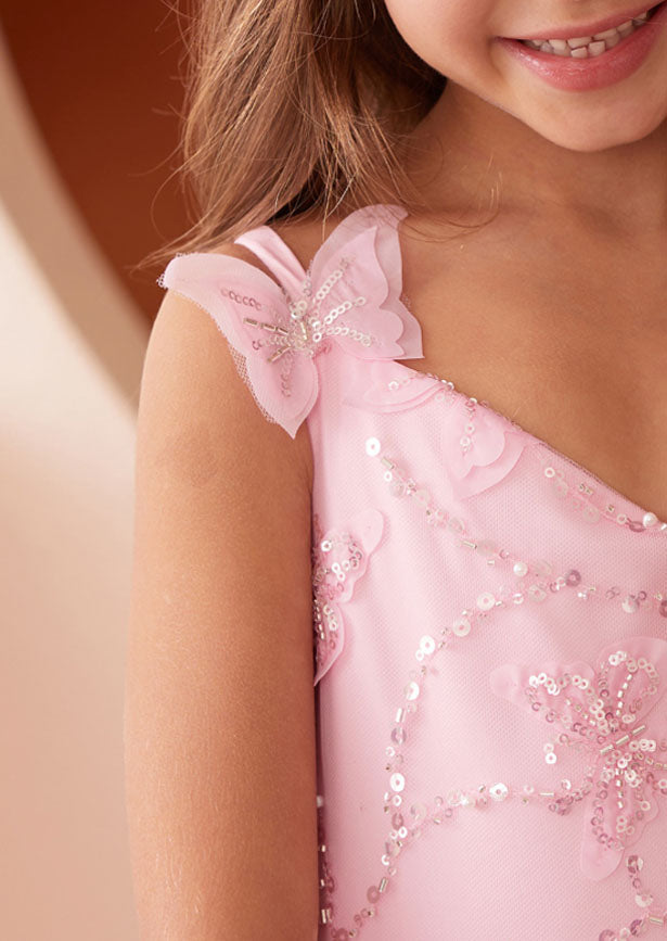 Pia Butterfly Gown in Pink—an enchanting full-length dress designed for the discerning young wearer