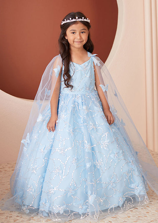 A sophisticated blue gown featuring delicate spaghetti straps, an embellished bodice with shimmering 3D sequin butterflies, and a detachable butterfly-adorned cape