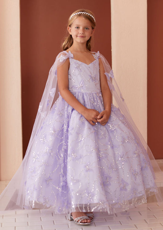 This elegant lavender gown for young girls showcases spaghetti straps and a beautifully detailed bodice adorned with luminous 3D sequin butterflies and  cape