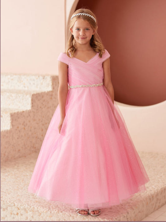Pink The Evelyn Dress is an elegant girls floor-length gown perfect for special occasions.