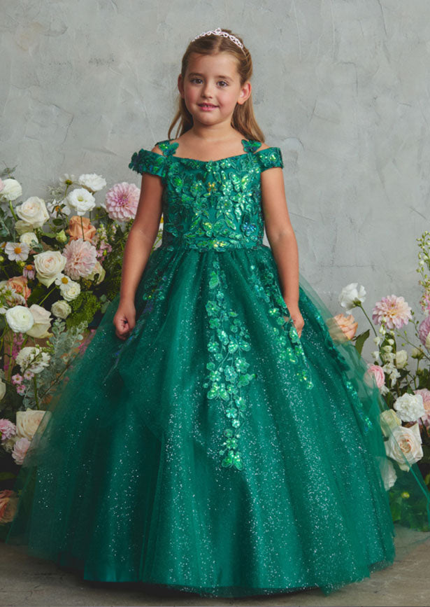 An elegant emerald gown featuring an off-shoulder neckline, floral appliqués, and three-dimensional butterflies adorning the bodice and skirt